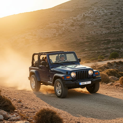 Jeep Wrangler on a dusty off-road track in Crete with two guests
